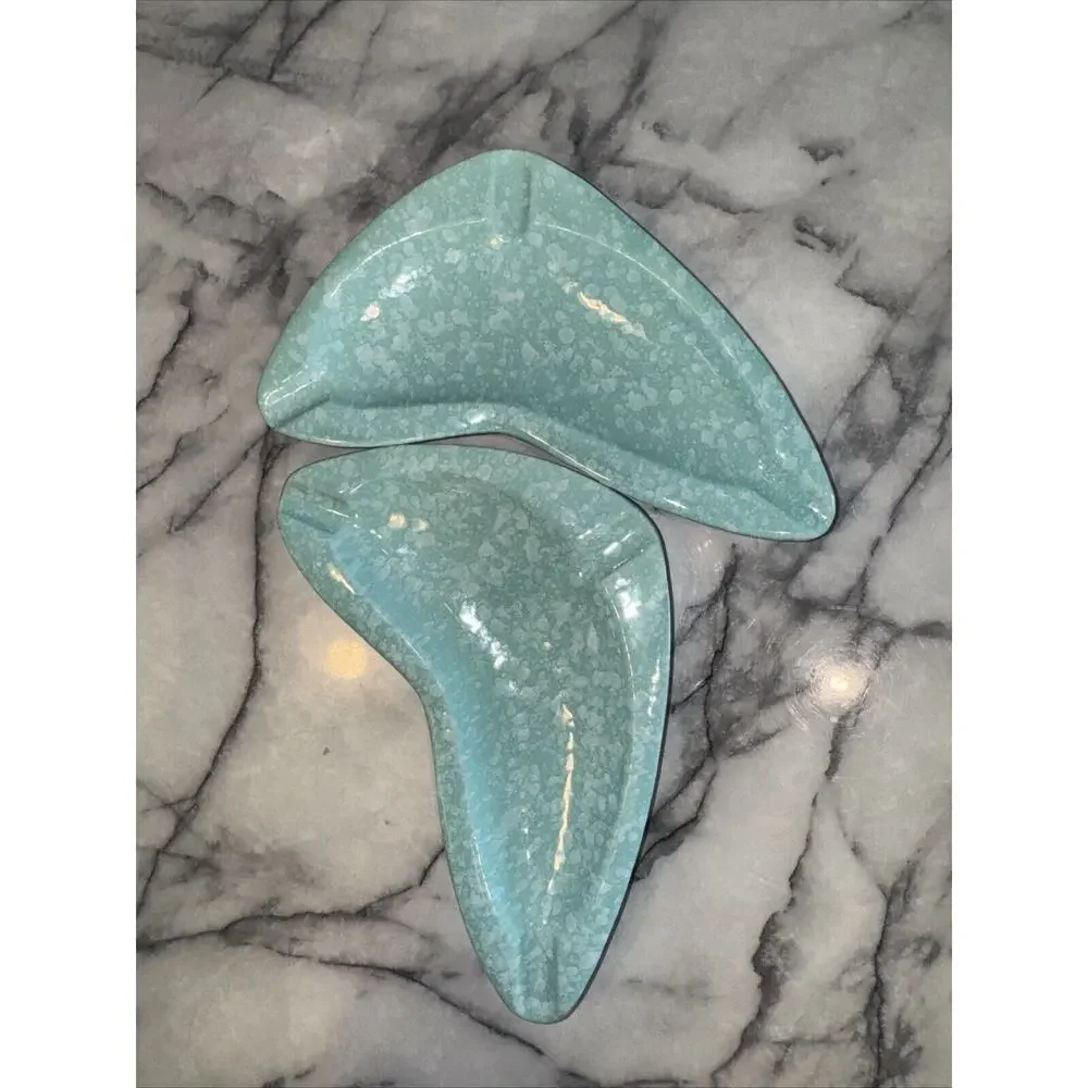 2‎ Vintage 1950's Shawnee Pottery Ashtray Stardust Turquoise Handmade Art Deco